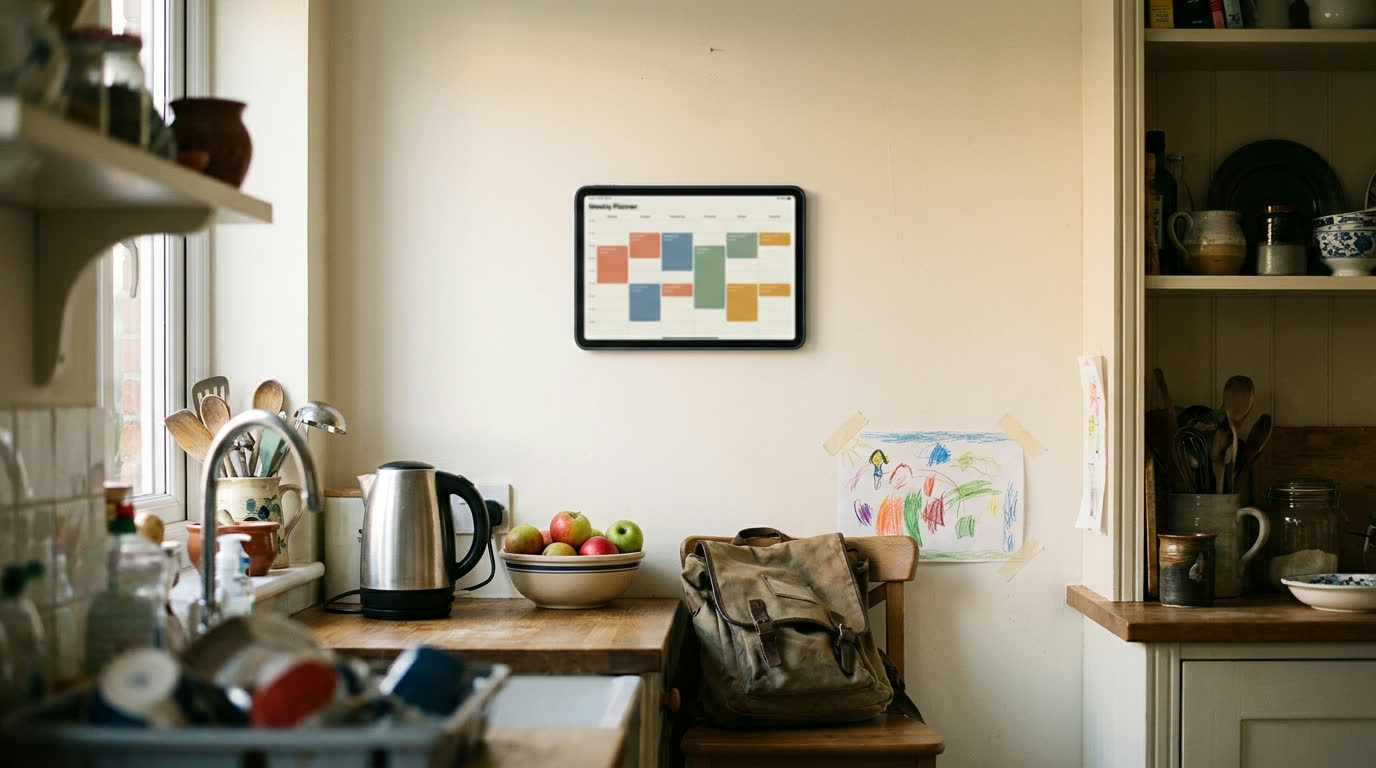 A tablet mounted on a kitchen wall showing a colour-coded family week, above a worktop with a kettle and a school bag.